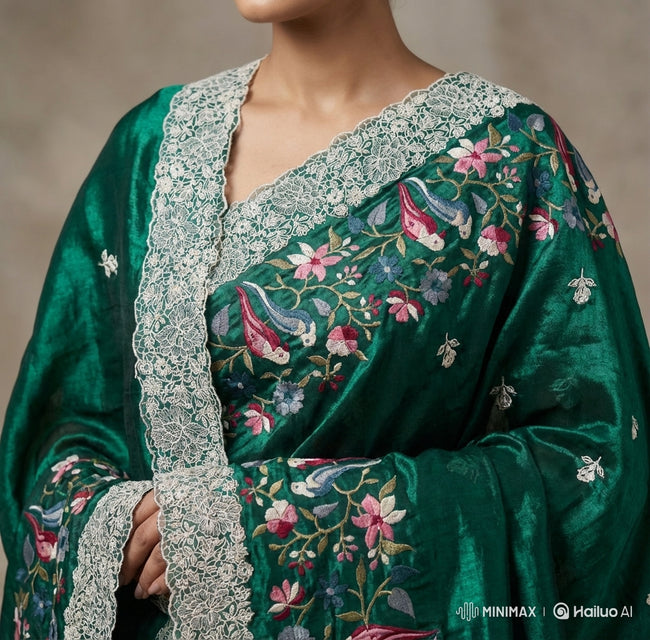 Emerald Tissue Frendy Saree with Floral & Parrot Design Border, Printed Pallu & Delicate Lace Border Main Image