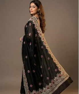 Premium Crush Tussar Saree with Floral Embroidery Main Image