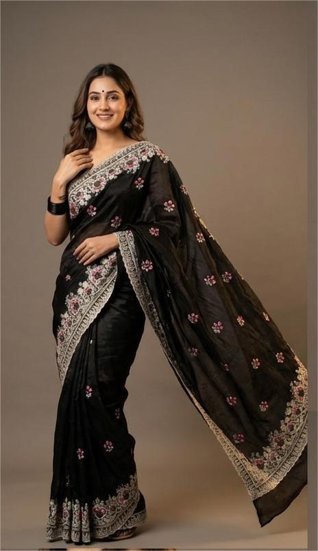Premium Crush Tussar Saree with Floral Embroidery