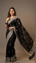 Premium Crush Tussar Saree with Floral Embroidery