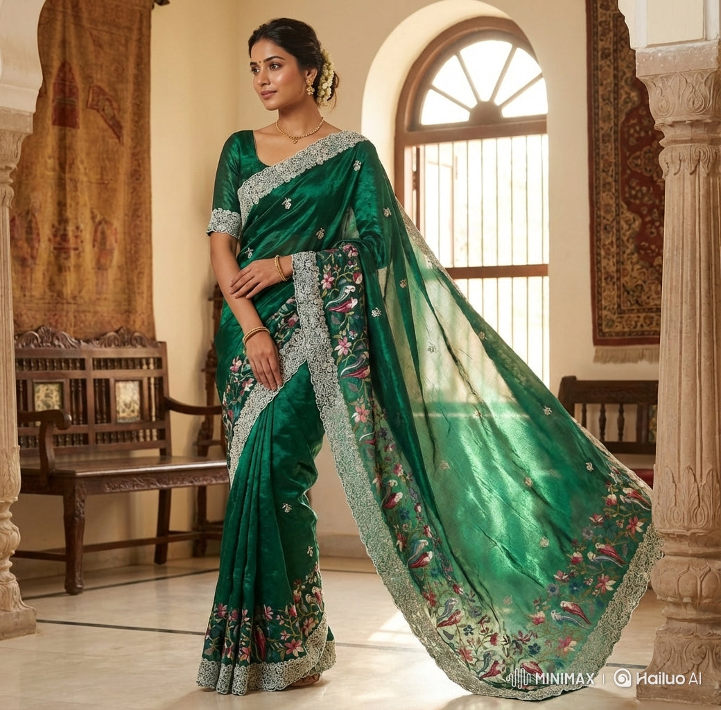Emerald Tissue Frendy Saree with Floral & Parrot Design Border, Printed Pallu & Delicate Lace Border
