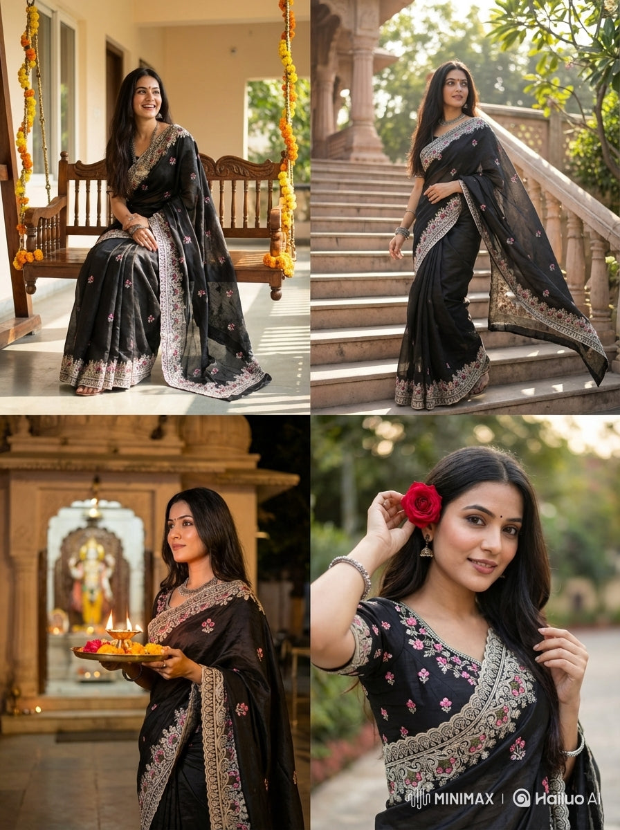 Premium Crush Tussar Saree with Floral Embroidery