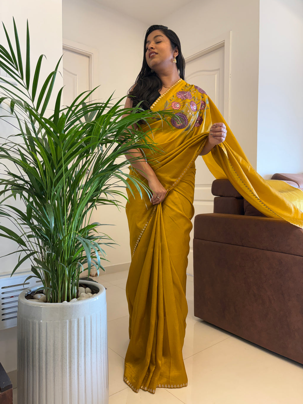 Pure Satin Saree with Statement Embroidered Pallu
