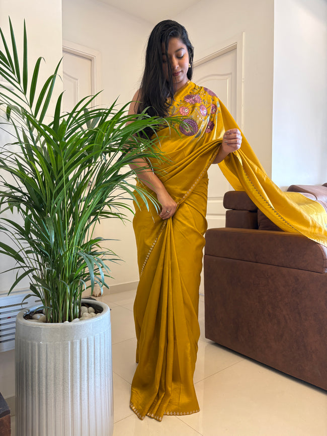 Pure Satin Saree with Statement Embroidered Pallu Main Image