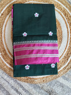Silk Cotton Prajakta Print Narayan Peth Border Saree with Contrast Pallu & Blouse Piece