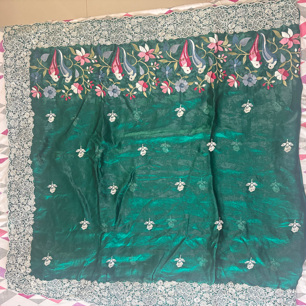 Emerald Tissue Frendy Saree with Floral & Parrot Design Border, Printed Pallu & Delicate Lace Border