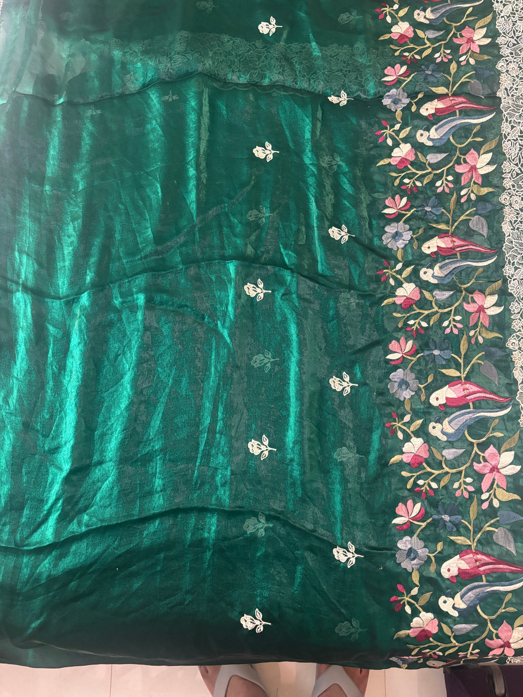 Emerald Tissue Frendy Saree with Floral & Parrot Design Border, Printed Pallu & Delicate Lace Border