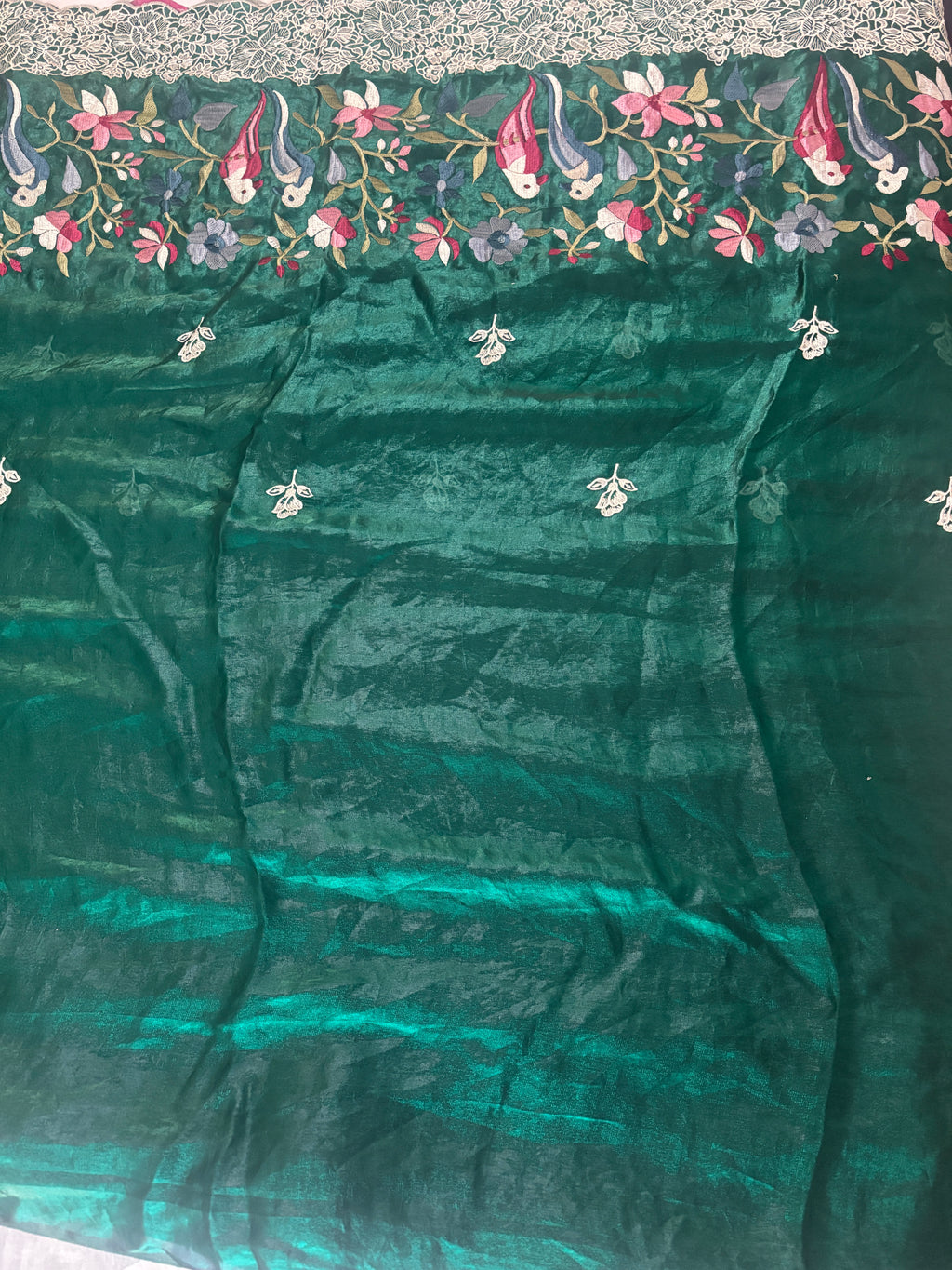 Emerald Tissue Frendy Saree with Floral & Parrot Design Border, Printed Pallu & Delicate Lace Border