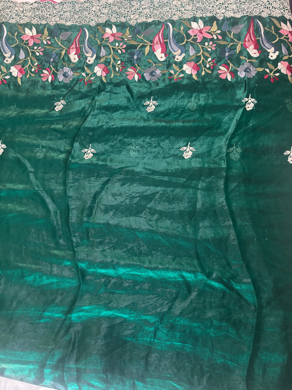 Emerald Tissue Frendy Saree with Floral & Parrot Design Border, Printed Pallu & Delicate Lace Border