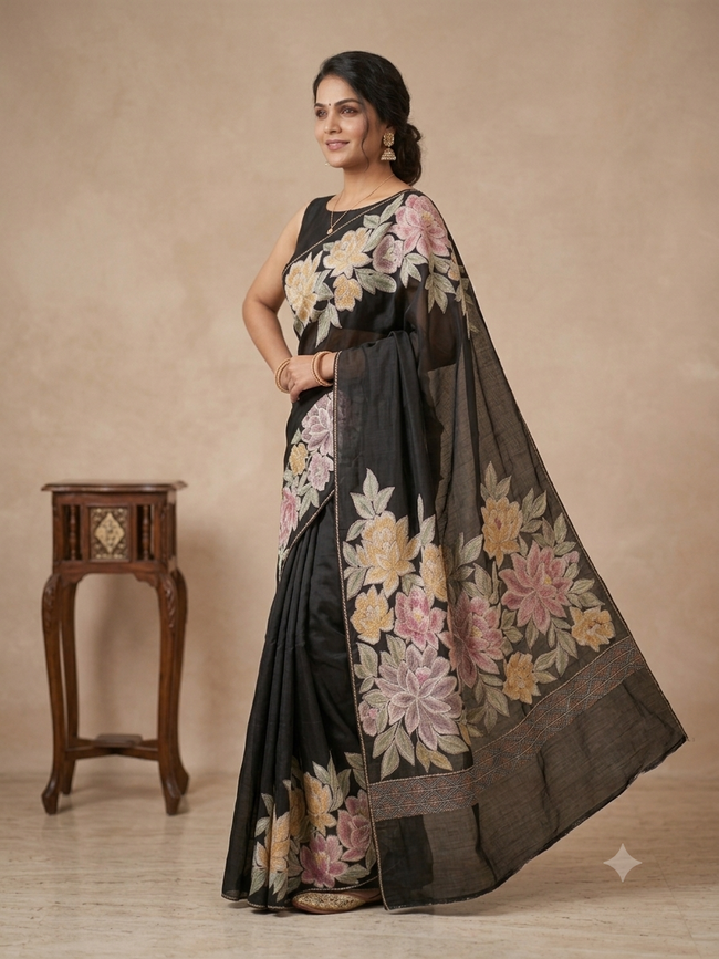 Tissue korean machine work (premium) with katha work blouse Main Image