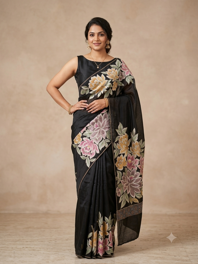 Tissue korean machine work (premium) with katha work blouse Hover Image