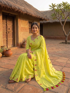 Mul Cotton Saree with Mirror Butti Border & Tassels