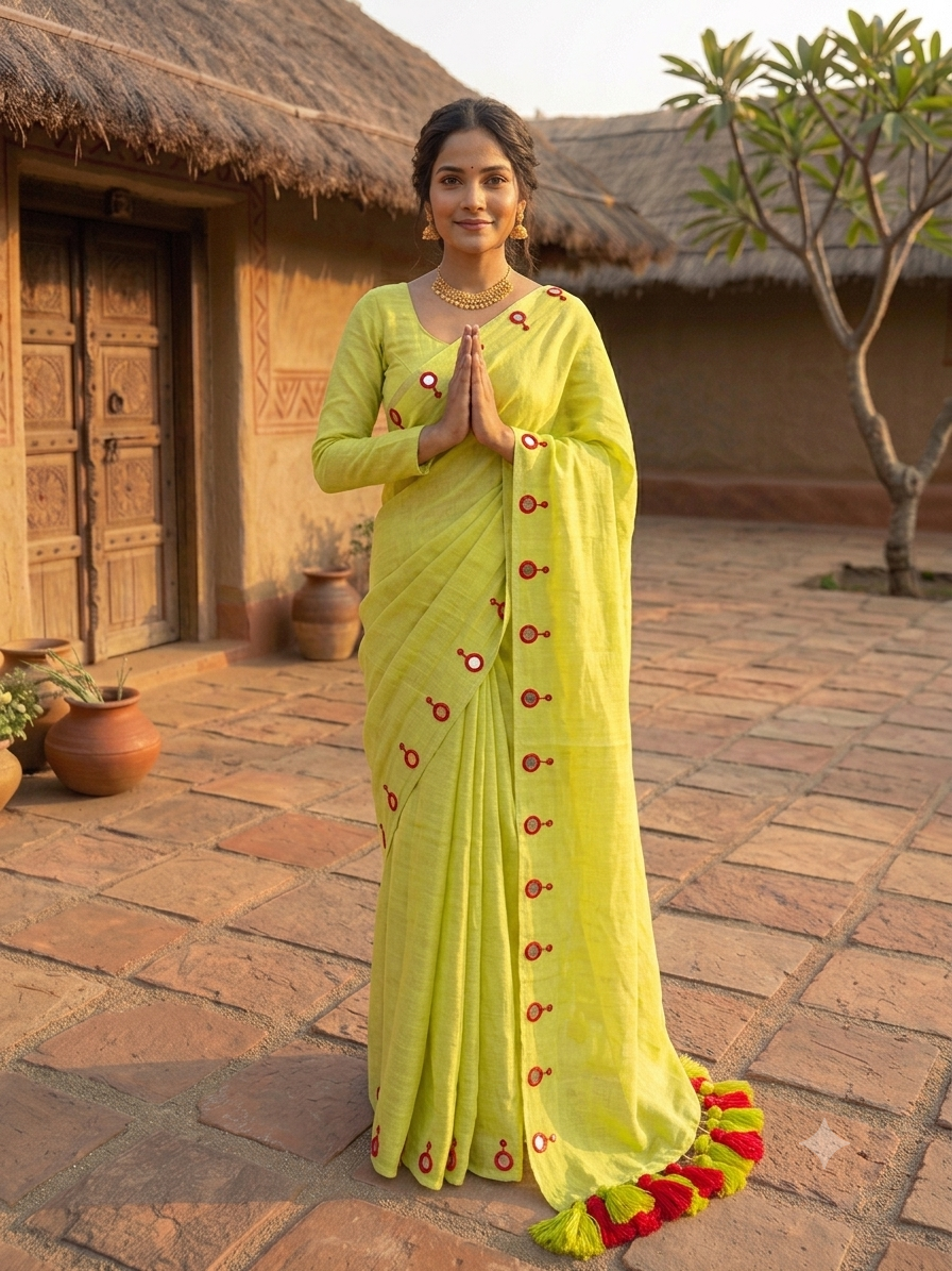 Mul Cotton Saree with Mirror Butti Border & Tassels