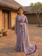 Mul Cotton Saree with Mirror Butti Border & Tassels