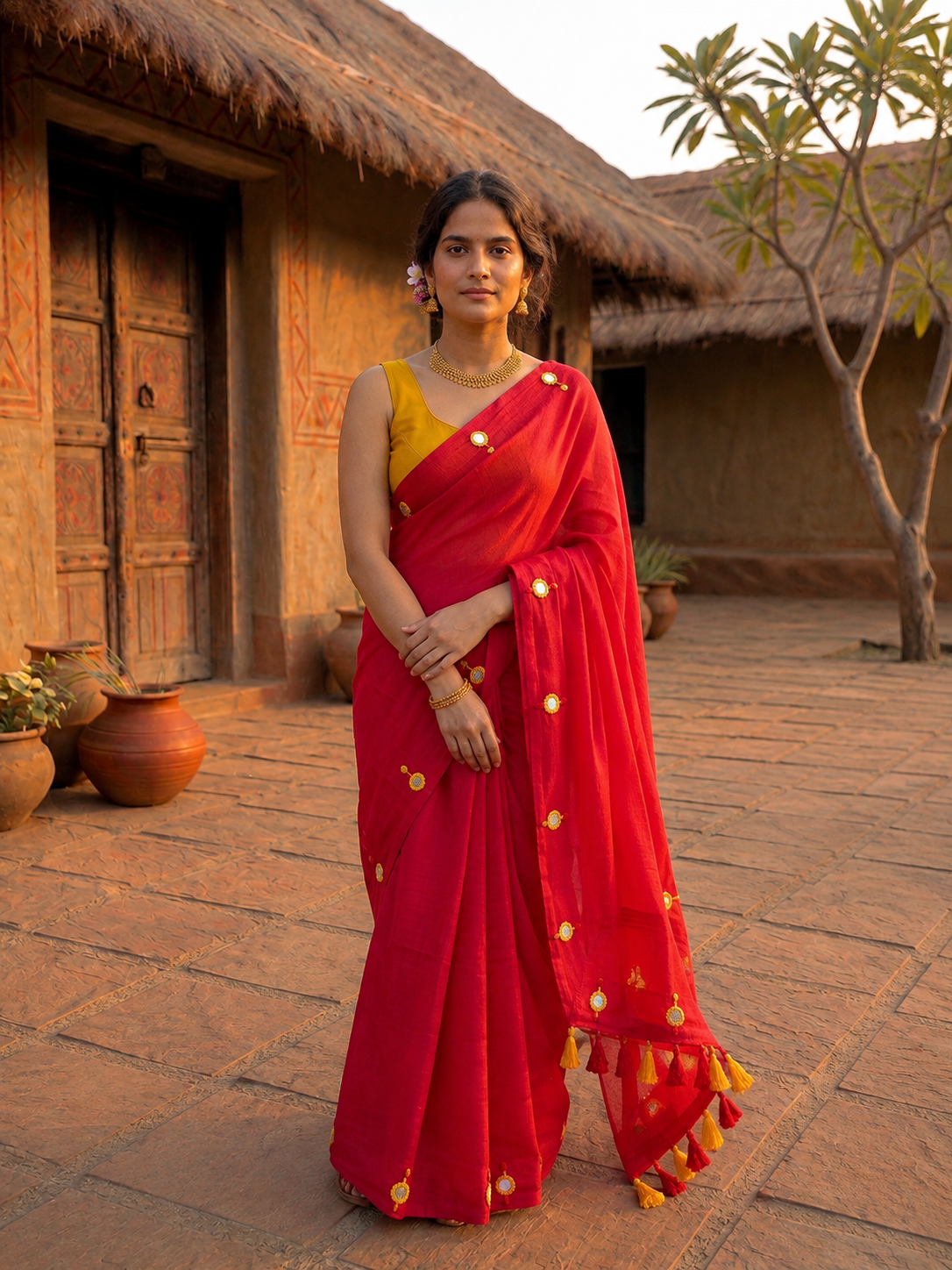 Mul Cotton Saree with Mirror Butti Border & Tassels