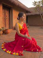 Mul Cotton Saree with Mirror Butti Border & Tassels