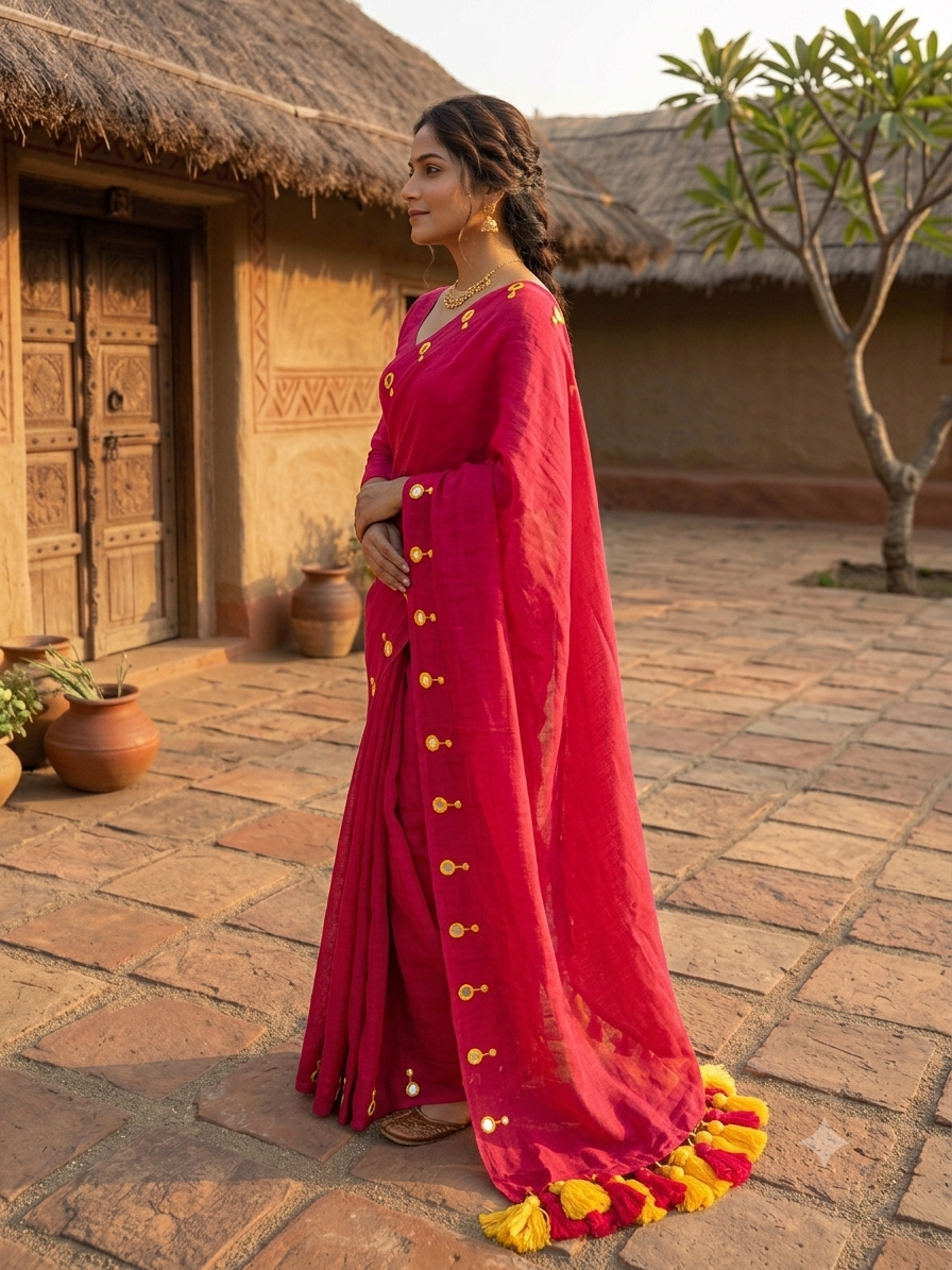 Mul Cotton Saree with Mirror Butti Border & Tassels