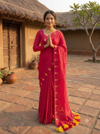 Mul Cotton Saree with Mirror Butti Border & Tassels