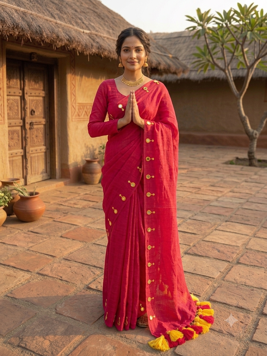 Mul Cotton Saree with Mirror Butti Border & Tassels