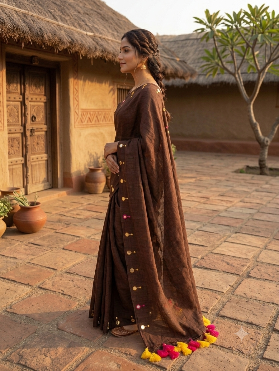 Mul Cotton Saree with Mirror Butti Border & Tassels