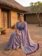 Mul Cotton Saree with Mirror Butti Border & Tassels