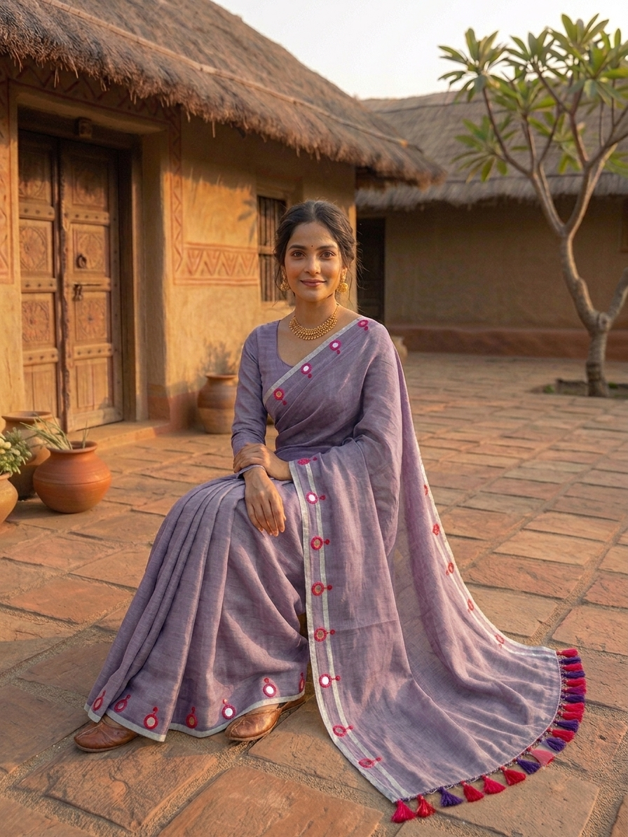 Mul Cotton Saree with Mirror Butti Border & Tassels