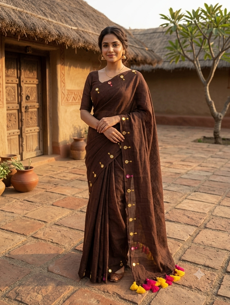 Mul Cotton Saree with Mirror Butti Border & Tassels