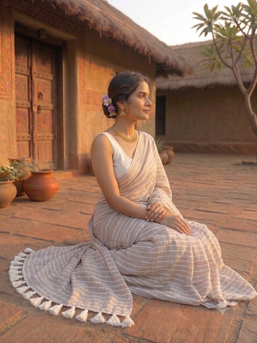 Mul Cotton Striped Saree with Tassels