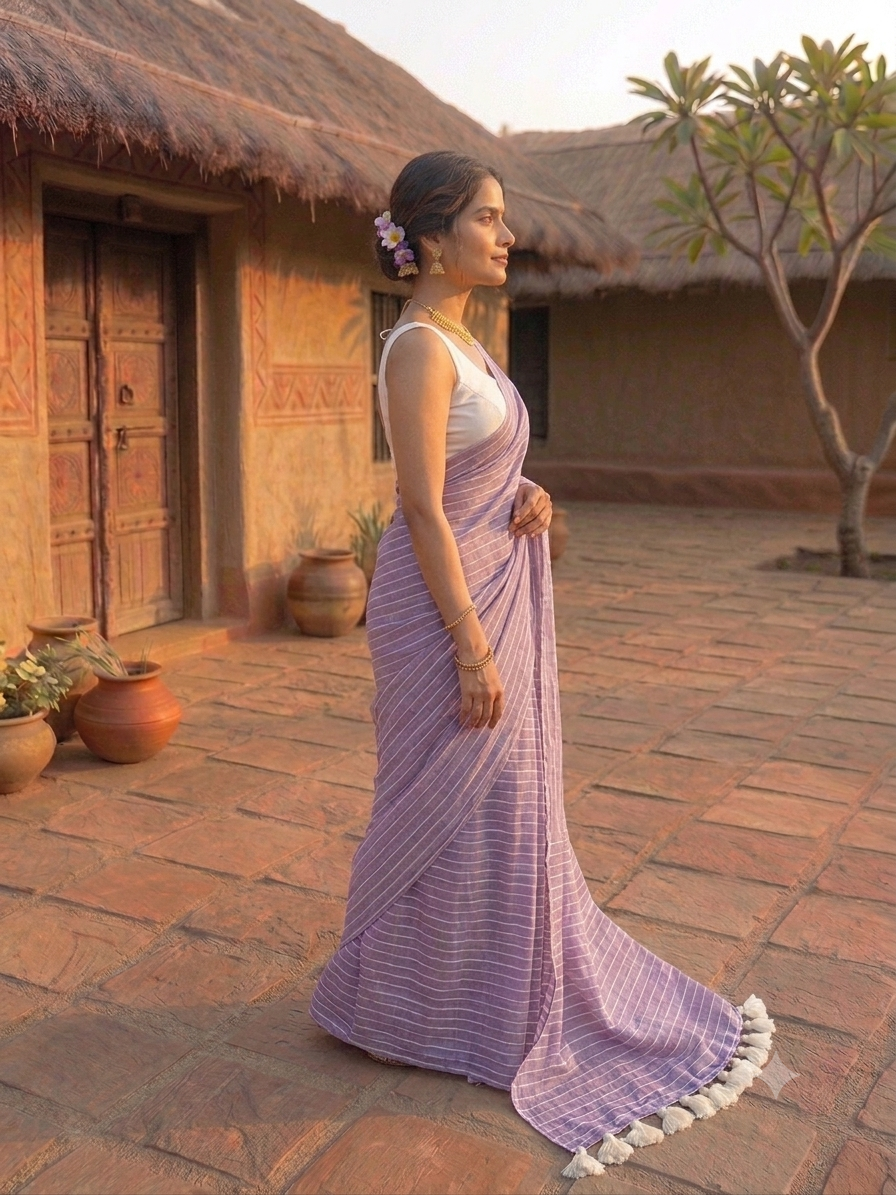 Mul Cotton Striped Saree with Tassels