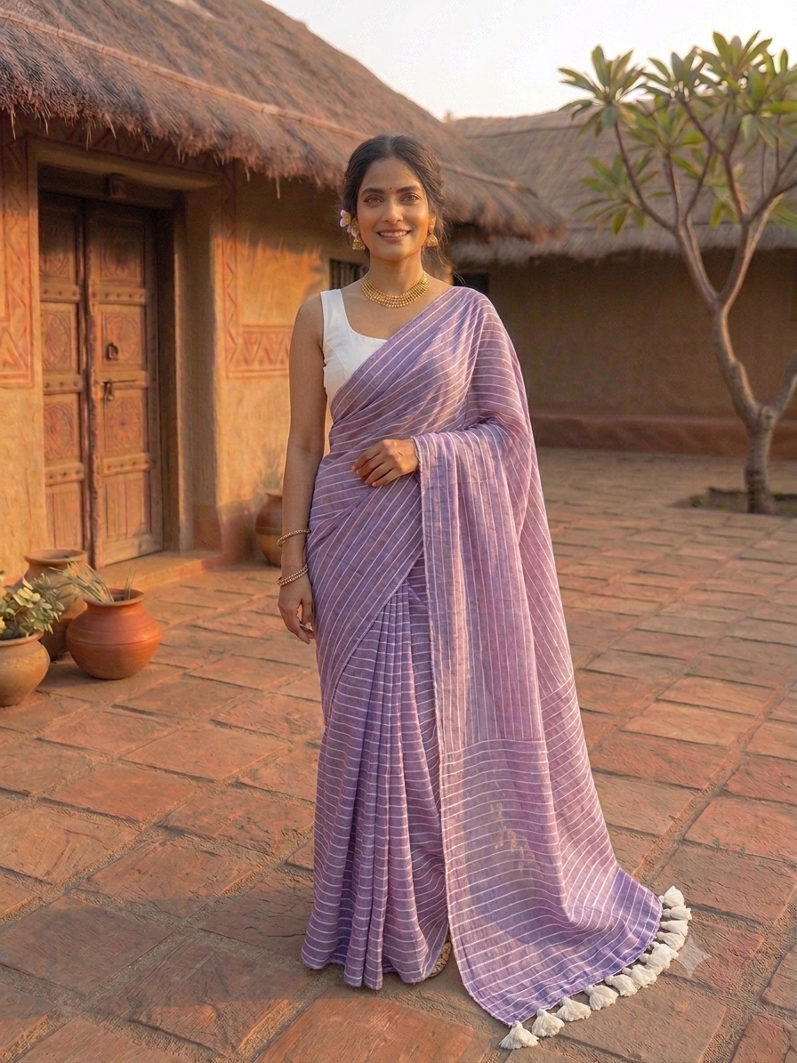 Mul Cotton Striped Saree with Tassels