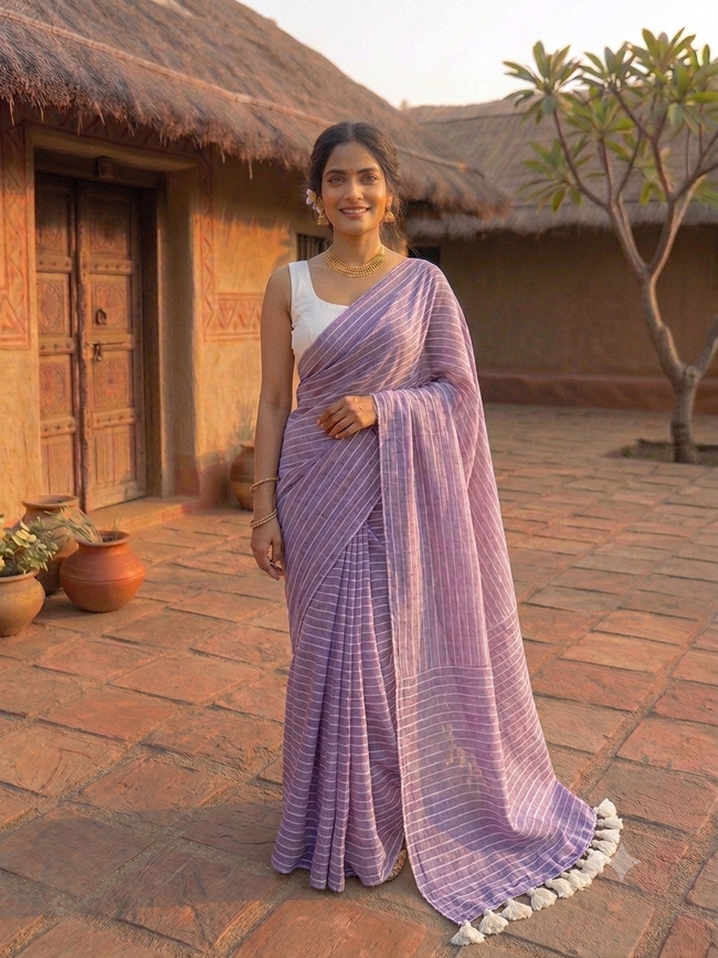 Mul Cotton Striped Saree with Tassels Hover Image