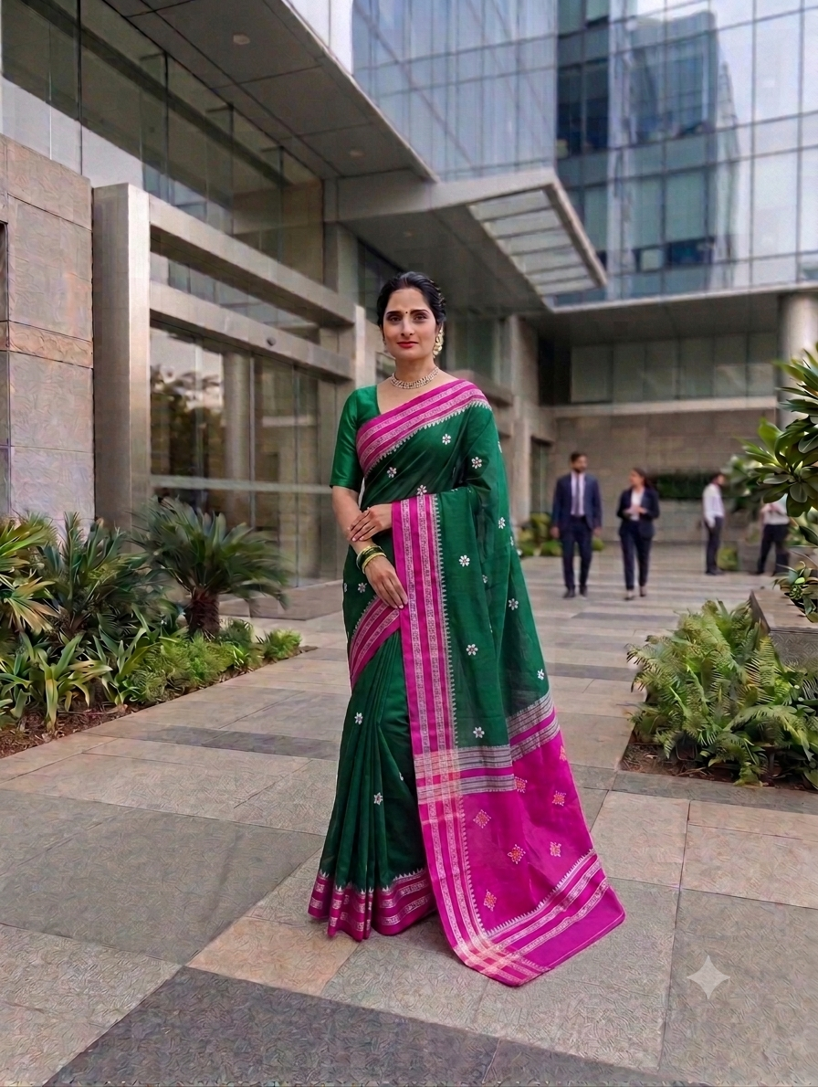 Silk Cotton Prajakta Print Narayan Peth Border Saree with Contrast Pallu & Blouse Piece