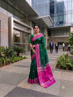 Silk Cotton Prajakta Print Narayan Peth Border Saree with Contrast Pallu & Blouse Piece