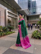 Silk Cotton Prajakta Print Narayan Peth Border Saree with Contrast Pallu & Blouse Piece
