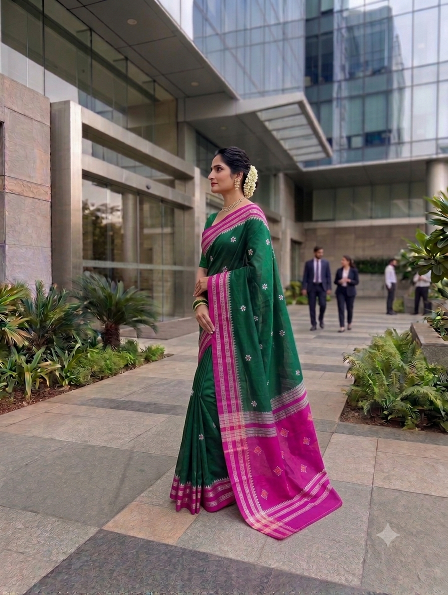 Silk Cotton Prajakta Print Narayan Peth Border Saree with Contrast Pallu & Blouse Piece