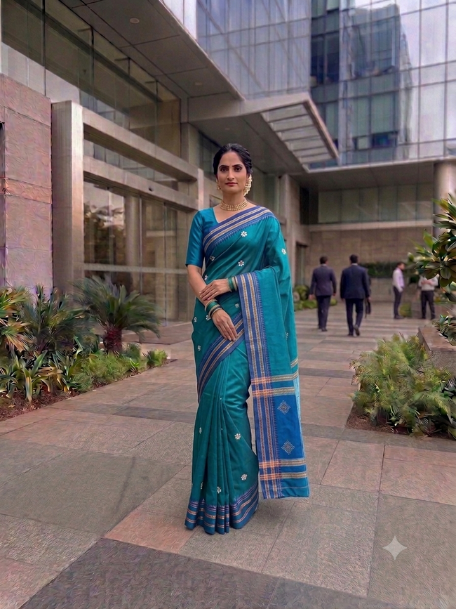 Silk Cotton Prajakta Print Narayan Peth Border Saree with Contrast Pallu & Blouse Piece Hover Image
