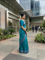 Silk Cotton Prajakta Print Narayan Peth Border Saree with Contrast Pallu & Blouse Piece