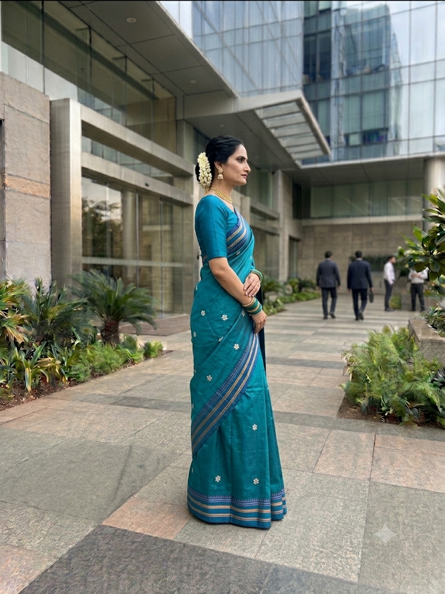 Silk Cotton Prajakta Print Narayan Peth Border Saree with Contrast Pallu & Blouse Piece Main Image