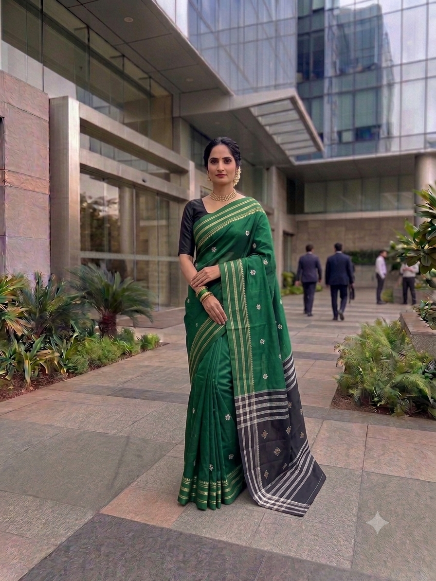 Silk Cotton Prajakta Print Narayan Peth Border Saree with Contrast Pallu & Blouse Piece
