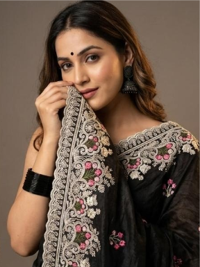 Premium Crush Tussar Saree with Floral Embroidery